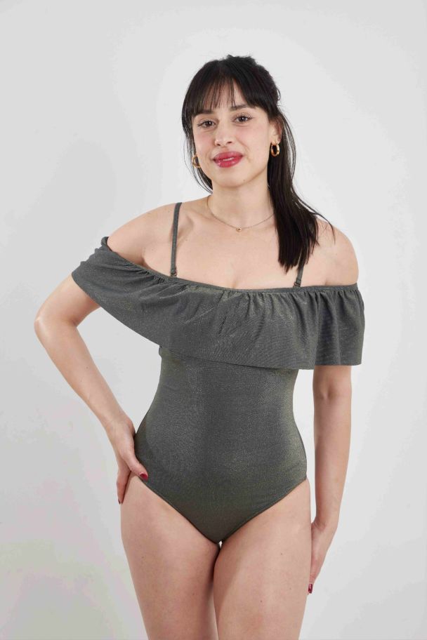 MAILLOT 1 PIECE BANDEAU VOLANT VERT DORE